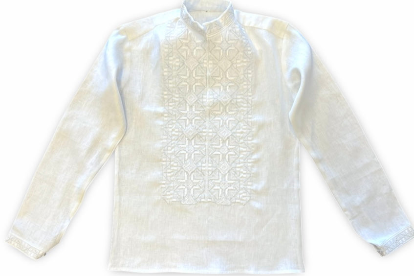 Men's white linen Vyshyvanka with white embroidery