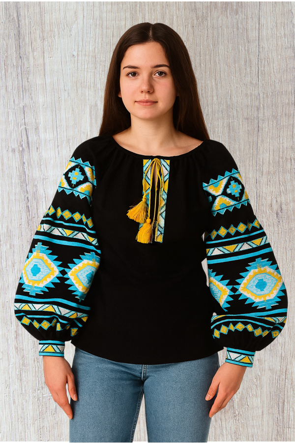 Ukrainian black blouse "Peremoha" Blue and yellow