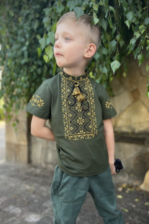 Boy's "Zoryan" short sleeve green shirt with yellow embroidery