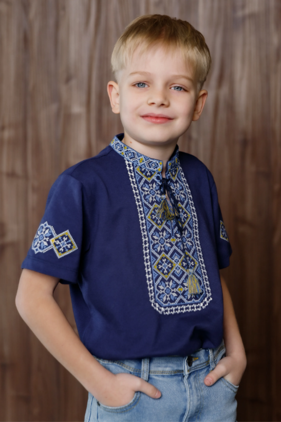 Boy's short sleeve navy shirt with yellow embroidery