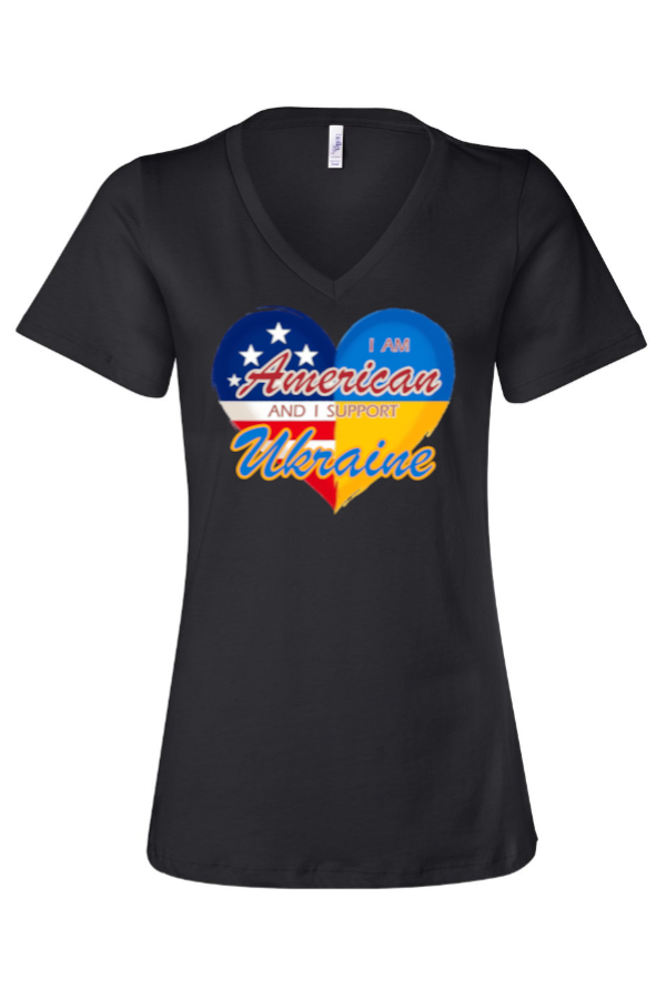 Female fit v-neck t-shirt "I am American and I support Ukraine"