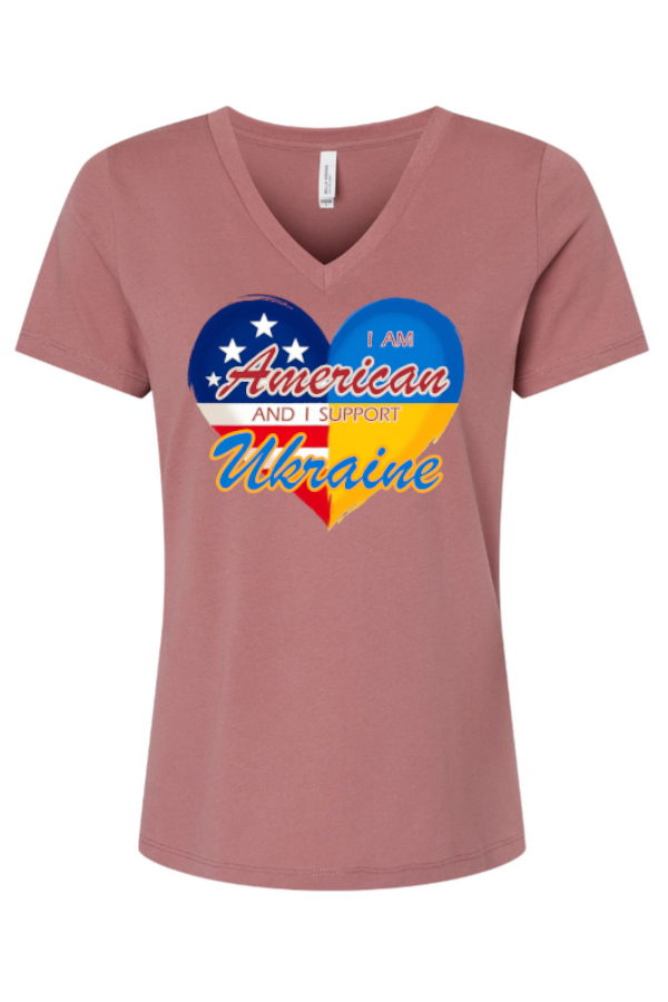 Female fit v-neck t-shirt "I am American and I support Ukraine"