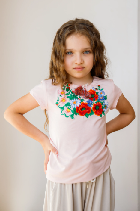 Girl's short sleeve embroidered pink shirt "Wildflowers"