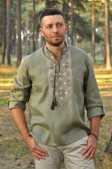 Men's "Alatyr" embroidered linen shirt. Military Green