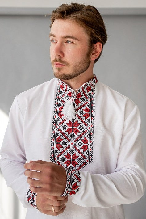 Men's "Alatyr" cotton Vyshyvanka white with red and black embroidery