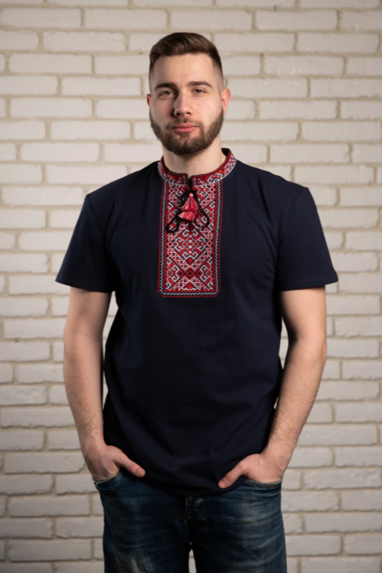 Men's short sleeve navy shirt with red embroidery Ridna