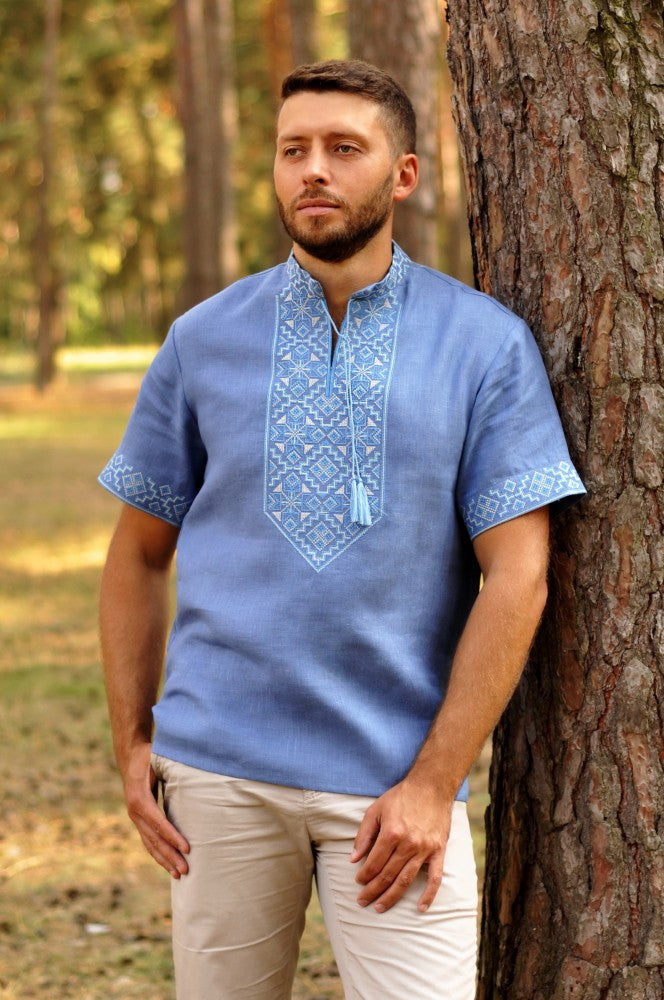 Men's short sleeve blue Vyshyvanka with beige embroidery