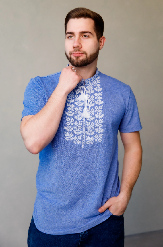 Men's "Yarylo" short sleeve blue shirt with white cross stitch embroidery