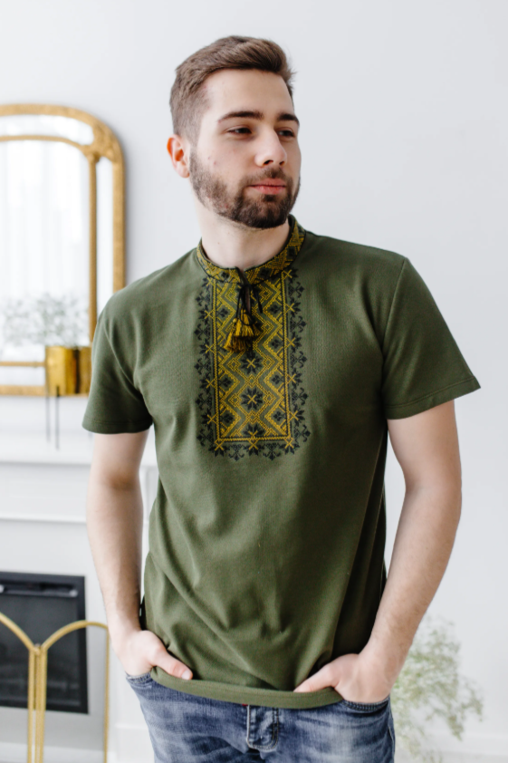 Men's "Zoryan" short sleeve green shirt with gold embroidery