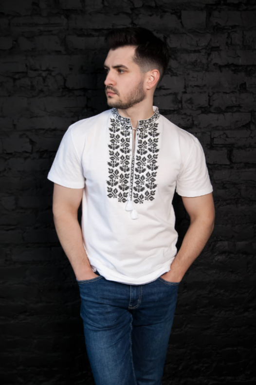 Men's short sleeve white shirt with black cross stitch embroidery "Yarylo"