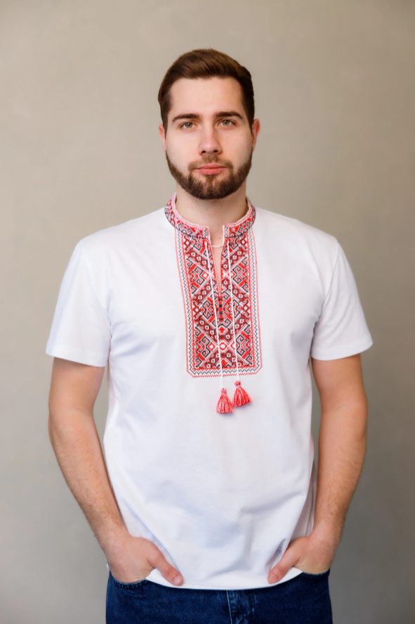 Men's "Ridna" short sleeve white shirt with red embroidery