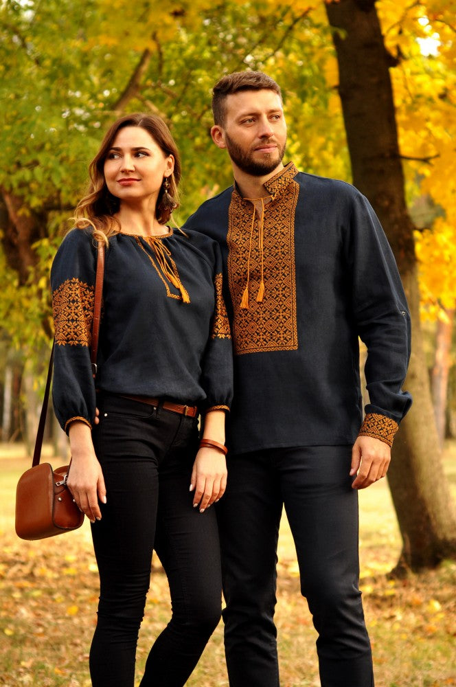 Women's linen Vyshyvanka. Navy shirt with orange embroidery
