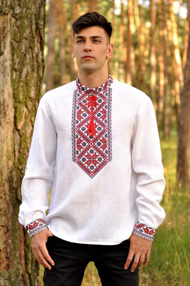 Men's "Alatyr" Vyshyvanka white linen with red and black embroidery