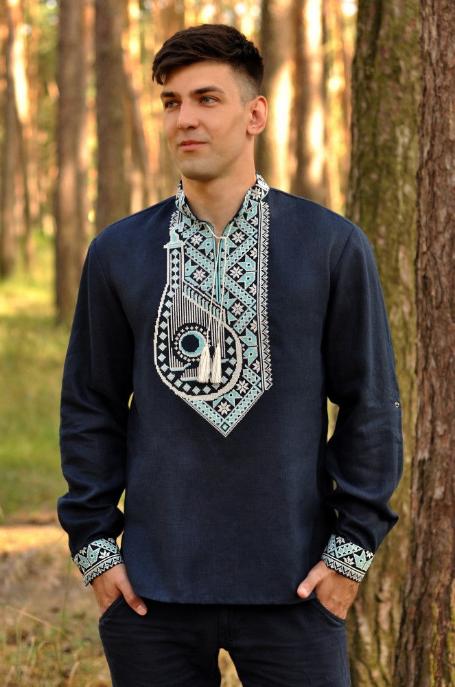 Men's "Bandura" Vyshyvanka. Ukrainian shirt navy