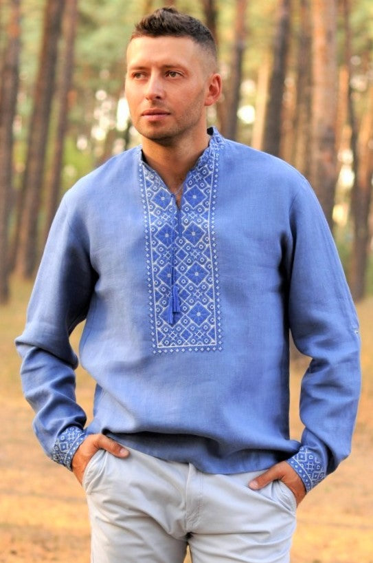 Men's linen Vyshyvanka. Dusty blue shirt with blue embroidery