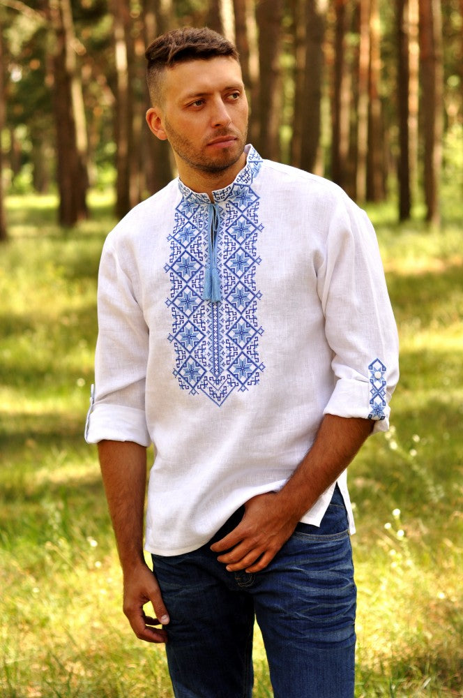 Men's Vyshyvanka "Sumy". White shirt with blue embroidery