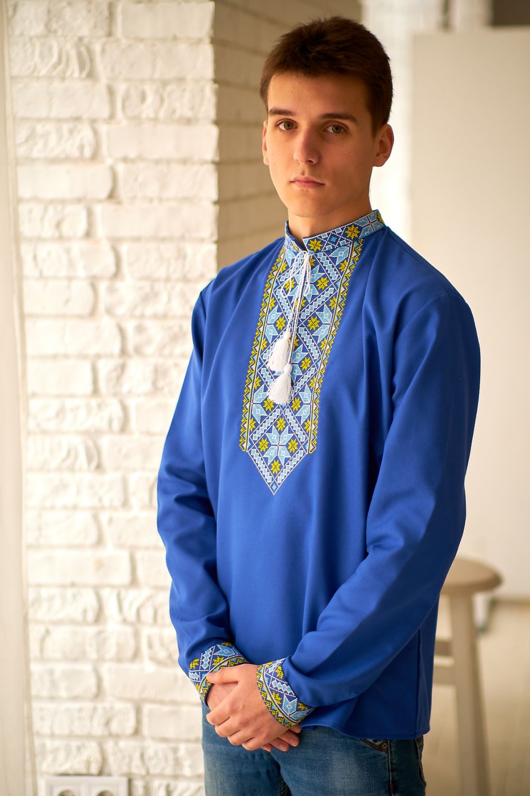 Men's cotton blue Vyshyvanka with blue and yellow embroidery "Alatyr"
