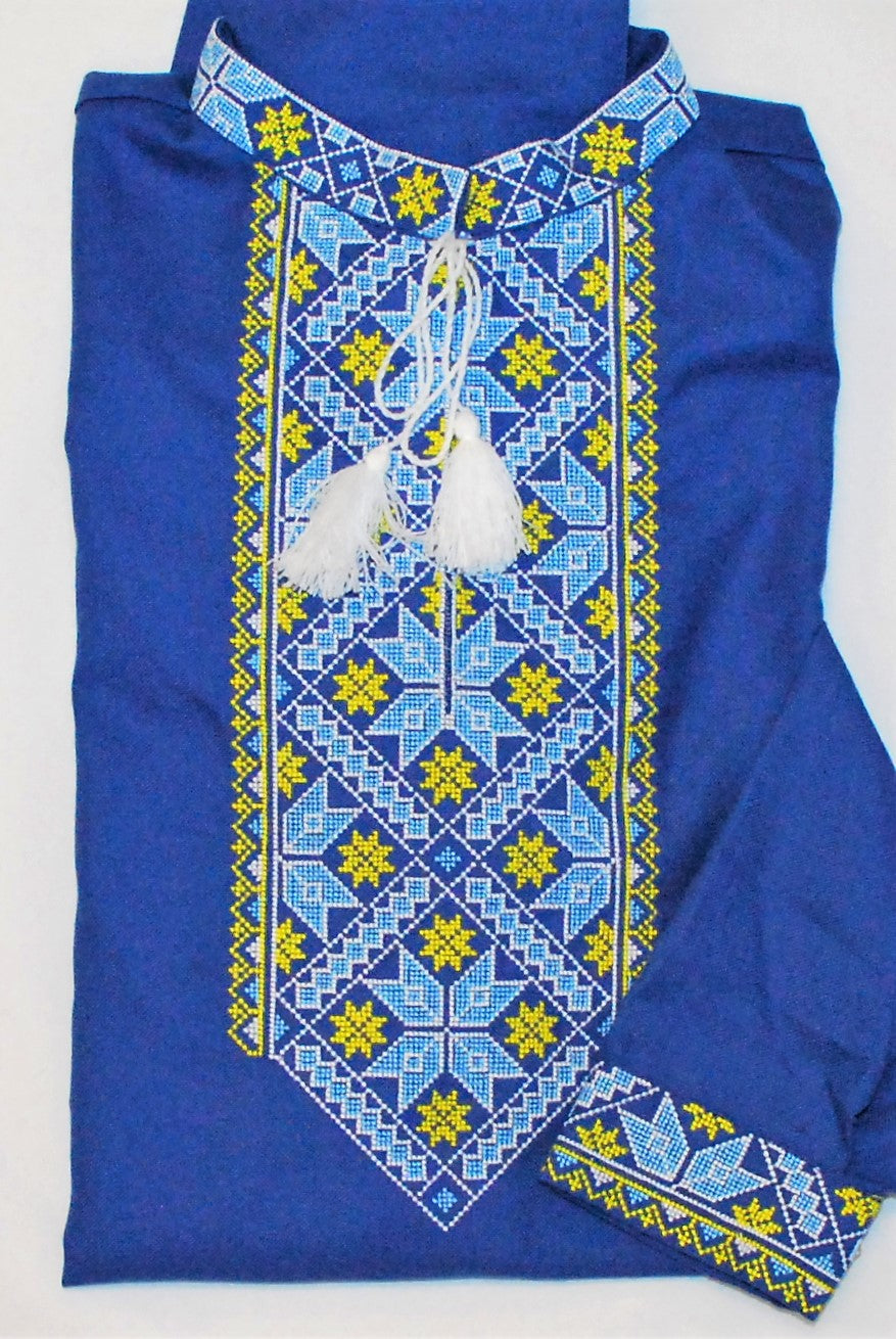 Men's cotton blue Vyshyvanka with blue and yellow embroidery "Alatyr"