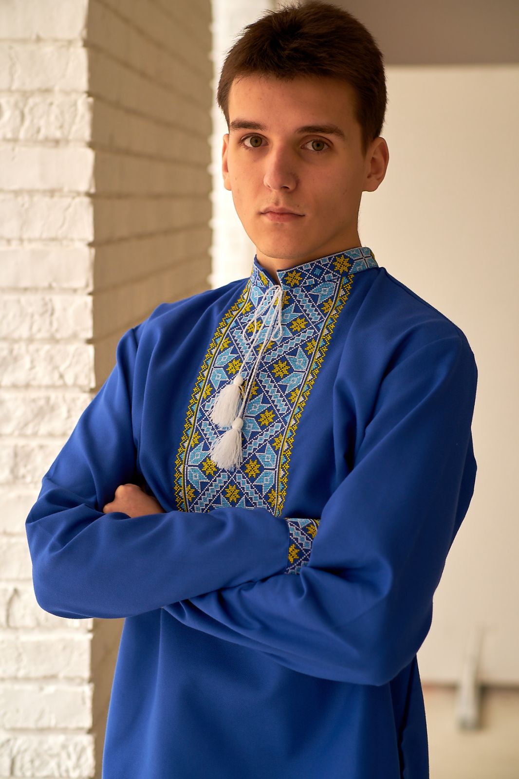 Men's cotton blue Vyshyvanka with blue and yellow embroidery "Alatyr"