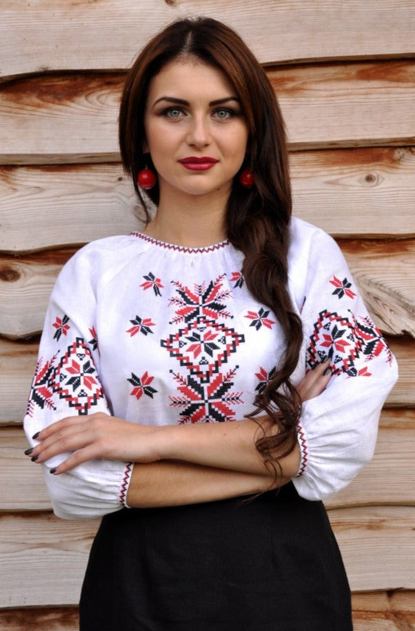Women's "Sumska" 3/4 blouse with red & black embroidery