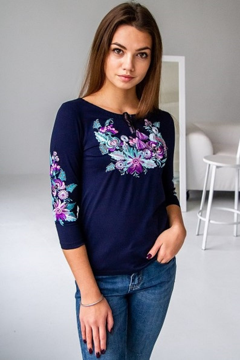 Women's "Purple Petrykivka" 3/4 sleeve navy embroidered shirt